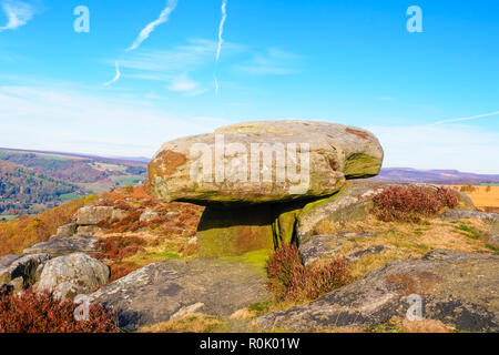 Alta sul bordo curbar nel Derbyshire Peak District una grande roccia gritstone siede bilanciato sulla parte superiore di un bordo di battuta. Foto Stock
