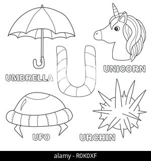 Alfabeto per bambini Libro da colorare pagina con clip delineato arti. Lettera U Illustrazione Vettoriale