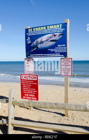 Shark cartelli di avvertimento sul Cape Cod National Seashore pubblicato dopo il grande squalo bianco attacca in corrispondenza LeCount Spiaggia Cava in Sud Wellfleet Massachusetts Foto Stock