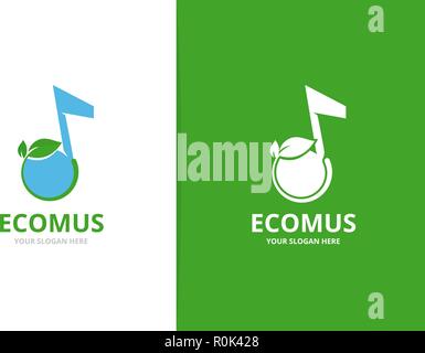 Nota di vettore e di foglie di combinazione di logo. La musica e la pianta simbolo o icona. Un suono unico e logotipo organico modello di disegno. Illustrazione Vettoriale