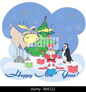 Biglietto di auguri con santa, alci, penguin, albero di natale, regali di felice anno nuovo Illustrazione Vettoriale