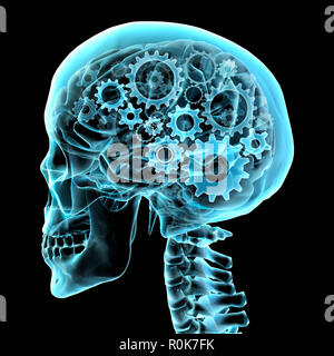 Cranio umano x-ray con ingranaggi. Foto Stock