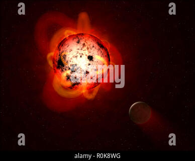 Questa illustrazione mostra una nana rossa stella orbitante da un ipotetico exoplanet. Foto Stock