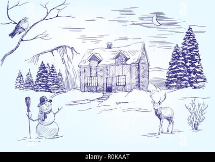 Notte di Natale- disegnati a mano llustration vettore schizzo Illustrazione Vettoriale