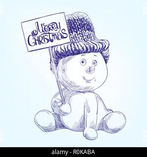 Natale divertente pupazzo di neve disegnato a mano llustration vettore schizzo Illustrazione Vettoriale