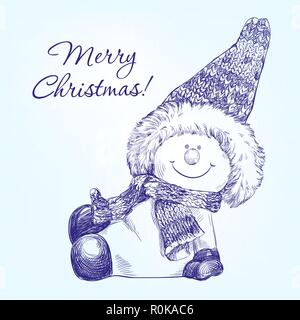 Natale divertente pupazzo di neve disegnato a mano llustration vettore schizzo Illustrazione Vettoriale