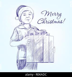 Ragazzo in Santa hat tenendo presente il Natale disegnato a mano llustration vettore schizzo realistica Illustrazione Vettoriale