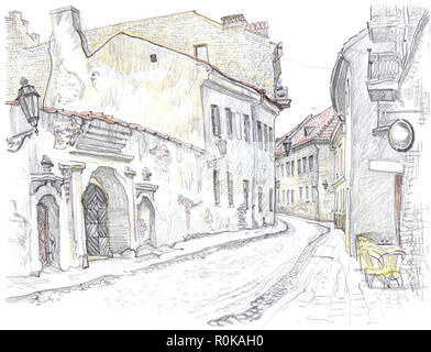 Strada nascosti della città vecchia di Vilnius. Boksto Street view, Lituania. Gli edifici di vecchia costruzione, lanterne, arcate, cobblestone pavement, tabelle di outdoor cafe. Disegnata a mano in stile sketchy illustrazione a matita . Foto Stock