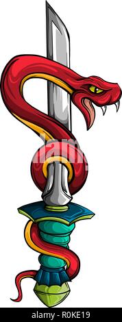 Il serpente con la spada. Old school tattoo stile. Elemento isolato su sfondo bianco. Illustrazione Vettoriale Illustrazione Vettoriale