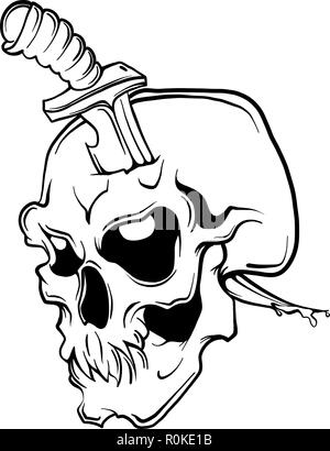 Immagine che mostra il cranio con un coltello e sfondo bianco Illustrazione Vettoriale