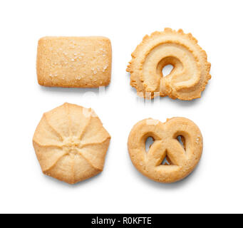 Quattro brevi danese pane biscotti al burro Isoated su uno sfondo bianco. Foto Stock