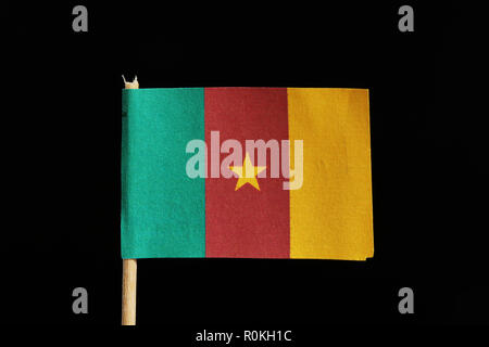Un ufficiale e originale di bandiera del Camerun su stuzzicadenti su sfondo nero. Si tratta di un verticale tricolore verde, rosso e giallo con una stella a cinque punte Foto Stock