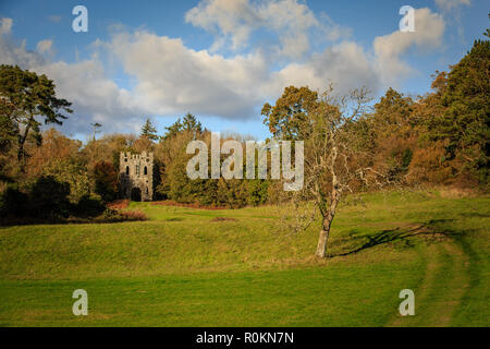 Scenic glade con arco gotico follia in background al Parco Belvedere in Mullingar, contea Westmeath, Irlanda. Paesaggio Foto Stock