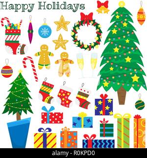 Set di decorazioni di Natale-alberi di Natale, giocattoli di Natale, regali, panpepato, calze per regali. Appartamento cartoon illustrazioni. Illustrazione Vettoriale