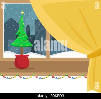 Finestra che si affaccia sulla neve nella città di notte. Finestra di Natale con una ghirlanda. Appartamento cartoon illustrazione. Illustrazione Vettoriale
