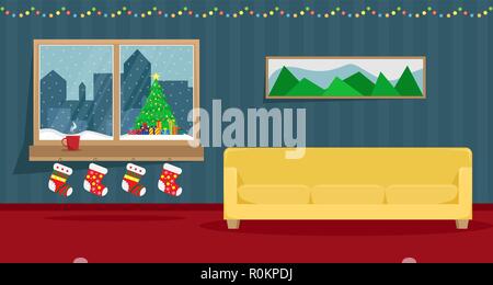 Soggiorno decorato per il nuovo anno. Finestra di Natale che si affaccia l'albero di Natale sotto la neve. Appartamento cartoon illustrazione. Illustrazione Vettoriale