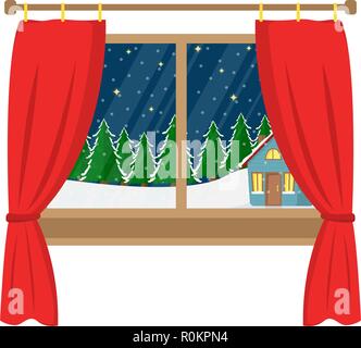 Una finestra con una vista del decorate casa nel bosco. Finestra di natale. Appartamento cartoon illustrazione. Illustrazione Vettoriale