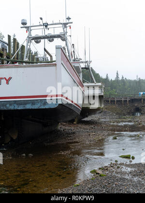 Vista del porto di sale, Nova Scotia, Canada su un nuvoloso giorno e a bassa marea, che mostra le variazioni di marea nella Baia di Fundy. Foto Stock