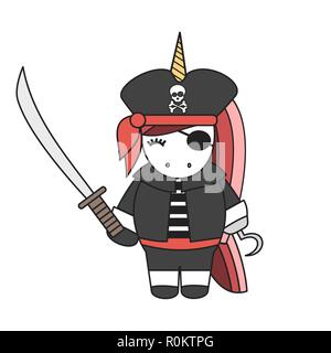Cartoon carino pirate unicorn con la spada illustrazione vettoriale Illustrazione Vettoriale