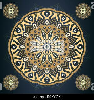 Golden Mandala Pattern in sfondo blu scuro. Decorativi ed elemento ornamentale. Illustrazione Vettoriale Illustrazione Vettoriale