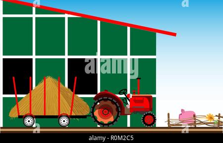Rurale scena. Trattore con fieno nei pressi della fattoria. Illustrazione Vettoriale