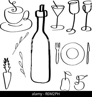 Un set di vettore di alimenti e bevande le relative icone, disegnati a mano la linea arte astratta, gli elementi di design per un ristorante menù e una lista dei vini Illustrazione Vettoriale