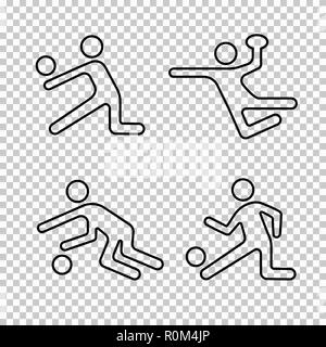Sport di vettore lineare set di icone, giochi con la palla logo, atleta di forma persona silhouette, emblema di stencil, forma di linea persona atleta. Badge nero calcio, bas Illustrazione Vettoriale