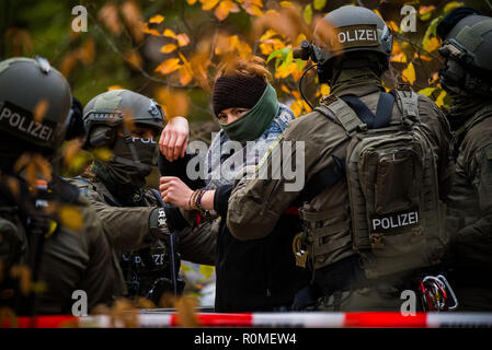 06 novembre 2018, Assia, Mörfelden-Walldorf: Un attivista è portato via dalla polizia durante l'evacuazione della protesta camp dalla foresta squatter in Treburer Oberwald. Il camp, che è esistito sin dall'inizio dell'anno, protesta contro una possibile eliminazione della foresta. Un raccordo autostradale per il previsto nuovo Terminal a Francoforte/aeroporto principale è quella di essere costruito lì. Foto: Andreas Arnold/dpa Foto Stock