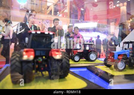 Shanghai, Cina. 6 Nov, 2018. Vista i visitatori dello stand di Bielorussia presso la prima China International Import Expo (CIIE) a Shanghai in Cina orientale, nov. 6, 2018. Il primo ciie viene tenuto da nov. 5 a 10 in Shanghai. Credito: Sadat/Xinhua/Alamy Live News Foto Stock