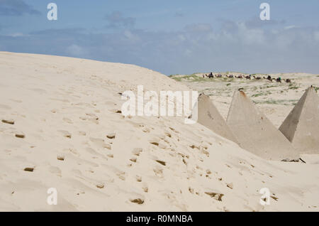 Sognando il deserto del Sahara avventura. Camel piloti sulla distanza orizzonte con grandi dune di sabbia e a forma di piramide a pietra in primo piano. Foto Stock
