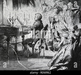 Mozart (1756-1791) suonare il pianoforte con la famiglia imperiale (Giuseppe II, Imperatore del Sacro Romano Impero). Vienna. Incisione di germanio, 1882 Foto Stock