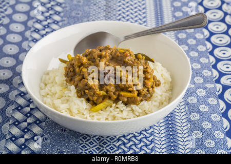 Vegetali di lenticchie riso al curry close up su indigo etnico blu stampata e tovaglia bianca sullo sfondo Foto Stock