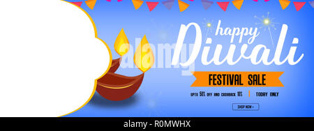 Intestazione del sito web o banner design con illustrazione di realismo illuminato lampade ad olio per il Diwali Festival Foto Stock