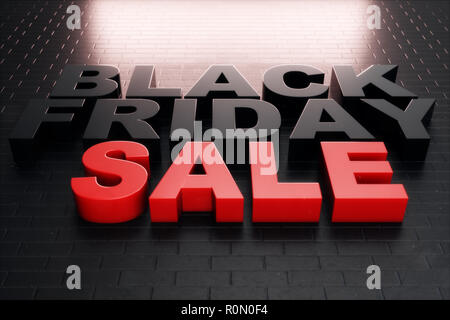 Venerdì nero, messaggio di vendita per il negozio, grande sconto. Venerdì nero banner su un muro di mattoni. Banner per il black friday sales. Grandi sconti e promozioni, coupo Foto Stock