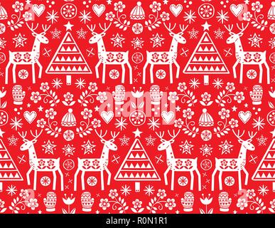 Natale folk art vector seamless pattern con le renne, fiori, albero di Natale e abbigliamento invernale design in bianco su sfondo rosso - Buon Natale Illustrazione Vettoriale