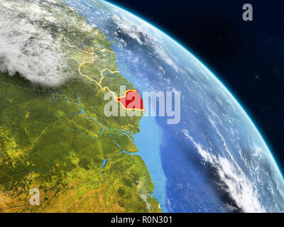 Guiana francese dallo spazio sul modello realistico del pianeta Terra con i confini e dettagliata superficie planet e nuvole. 3D'illustrazione. Elementi del Foto Stock