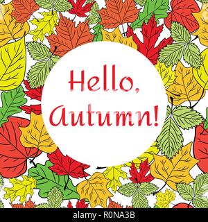 Poster colorati con foglie di autunno e iscrizione autunno, icona, logo, autunno poster, sfondo, cartolina, illustrazione vettoriale. EPS 8 Illustrazione Vettoriale