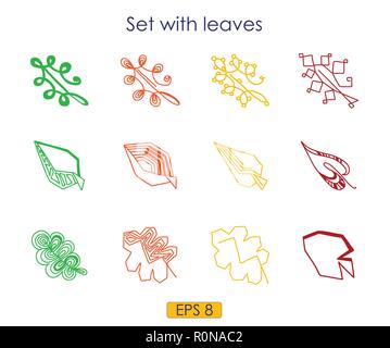 Schizzo d'arte insieme di foglie di vettore di simboli, diversi contorni interessanti di foglie di albero, logo, icone colorate silhouette, illustrazione vettoriale EPS Illustrazione Vettoriale