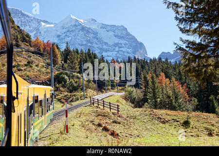 Vista sul massiccio della Jungfrau in treno dalla voce per la Kleine Scheidegg, regione di Jungfrau, Svizzera Foto Stock