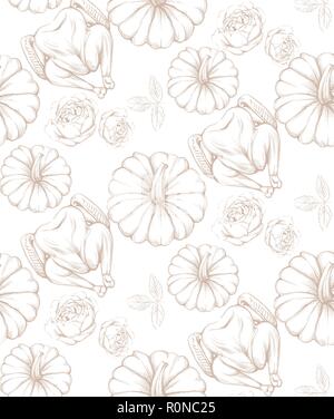 La Turchia e zucche vettore modello line art decor. Sfondo di ringraziamento Illustrazione Vettoriale