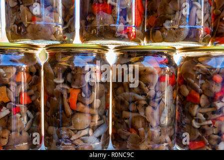 Decapare il miele funghi in vasi presso il village marketplace Foto Stock