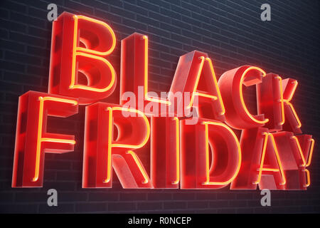 Venerdì nero - venerdì con una grande vendita. Le vendite, gioia, successo rosso neon banner, sconti. 3D illustrazione Foto Stock