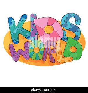 Logo design Kids World - in stile cartoon. Brillante Banner divertenti per bambini Sala giochi di decorazione. Grafica colorata per bambini Sala giochi Illustrazione Vettoriale