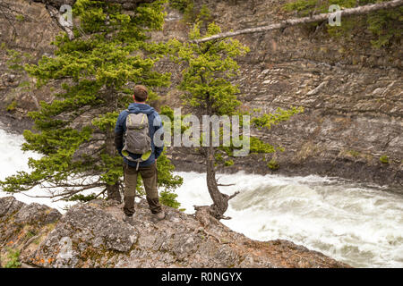 BANFF, AB, Canada - Giugno 2018: Persona con zaino in piedi sul bordo della roccia sopra la Gola del Fiume Bow cade a Banff. Foto Stock