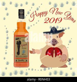 Anno Nuovo Cinese poster, scheda con messa a terra maiale a sombrero Illustrazione Vettoriale