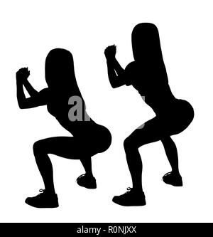 Silhouette nera di set di donna sportivo mostra squat passaggi per i muscoli glutei. Isolato su sfondo bianco. Foto Stock