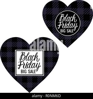 Venerdì nero grande vendita a forma di cuore ad carte texture a scacchi è nero con il grigio. Lettring iscrizione . Illustrazione di vettore isolato su sfondo bianco. Illustrazione Vettoriale