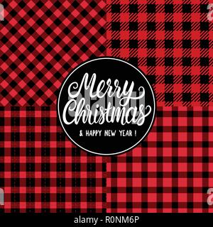 Impostare Seamless pattern texture. Buon Natale bianco disegnati a mano scritte testo iscrizione. Illustrazione Vettoriale a scacchi in bianco e nero e sfondo rosso. Vacanza Felice Anno Nuovo Illustrazione Vettoriale