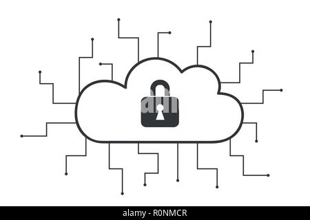 Calcolatore di cloud storage network con blocco di sicurezza simbolo concetto illustrazione vettoriale EPS10 Illustrazione Vettoriale