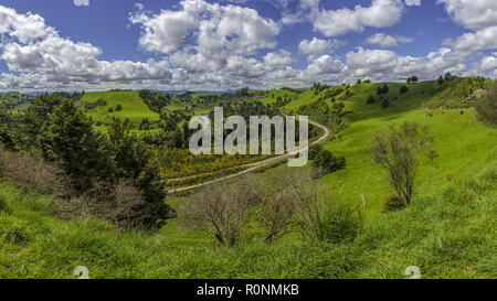 Un binario ferroviario avvolgimento attraverso una campagna verde come si vede da Piriaka lookout, Nuova Zelanda Foto Stock